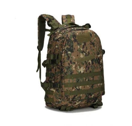 military-style camouflage backpack with multiple compartments and padded shoulder straps