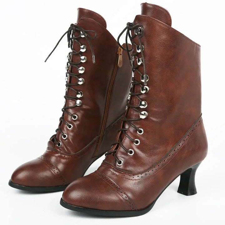brown leather lace-up ankle boots with side zipper and low heel on white background