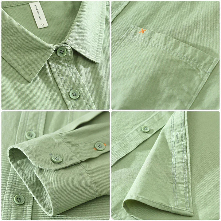 Detailed close-up collage of green cotton long sleeve shirt with buttons, collar, cuff, and chest pocket
