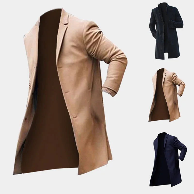 Men's long tailored overcoats in beige, black, and navy blue displayed on a white background
