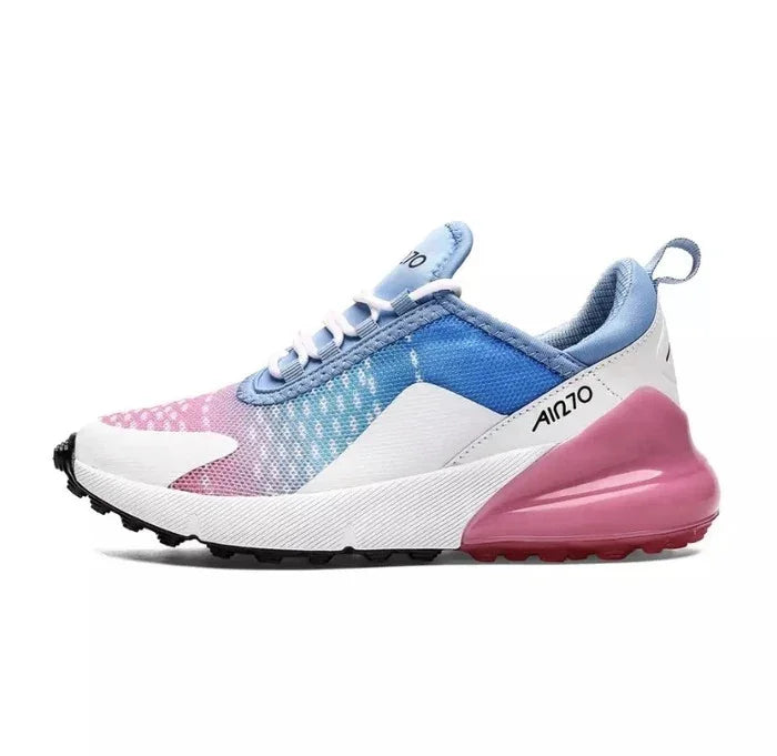 Nike Air Max 270 sneaker in pink, blue, and white with cushioned sole and breathable mesh upper
