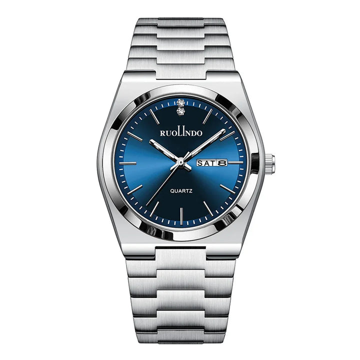 Silver stainless steel Ruolindo quartz watch with blue dial and day-date display