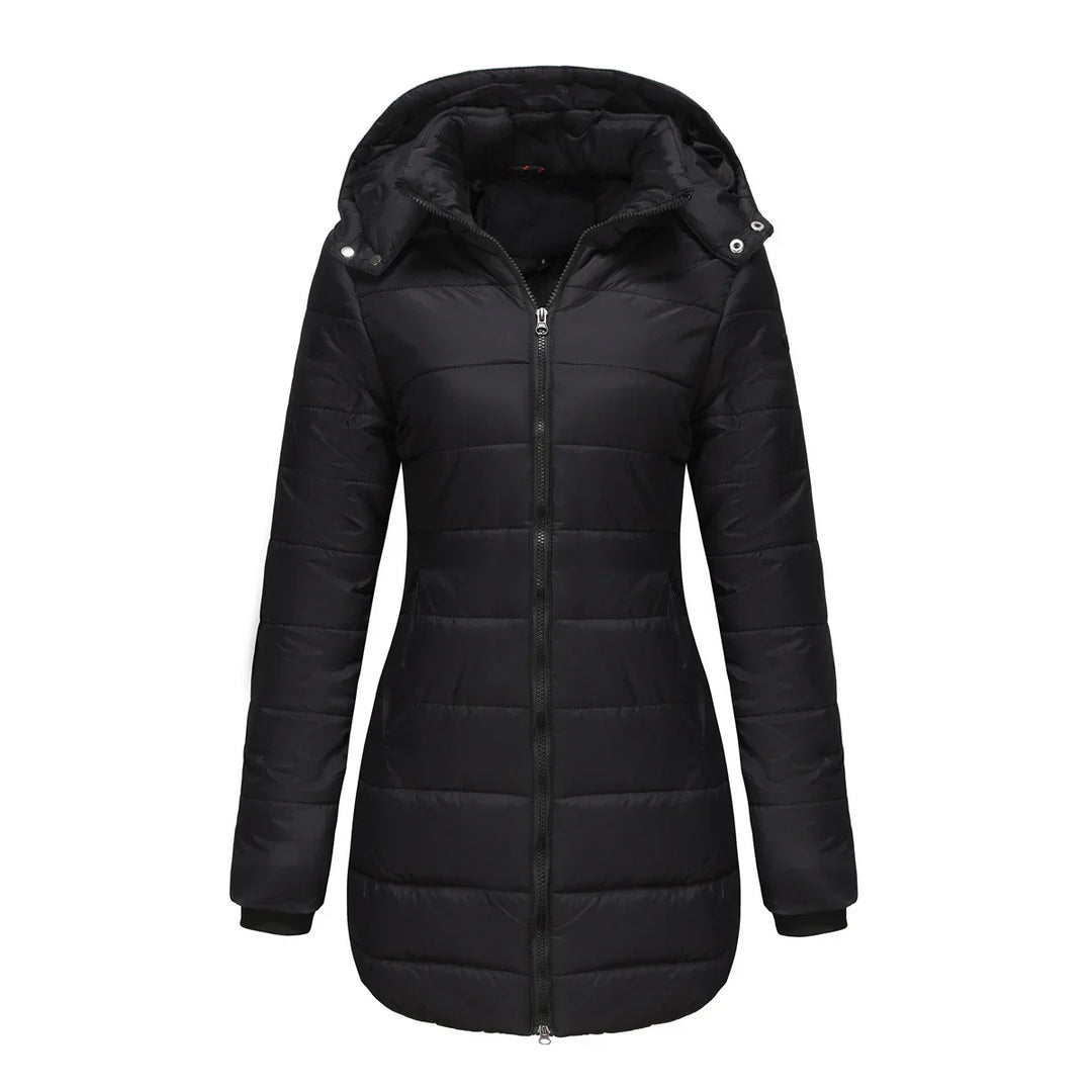 Black padded women's winter jacket with hood and front zipper