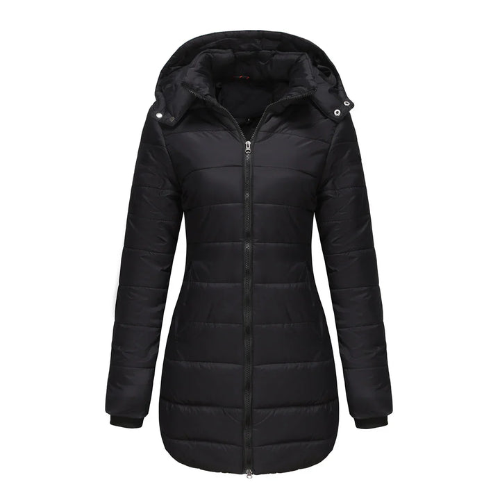 Black padded women's winter jacket with hood and front zipper