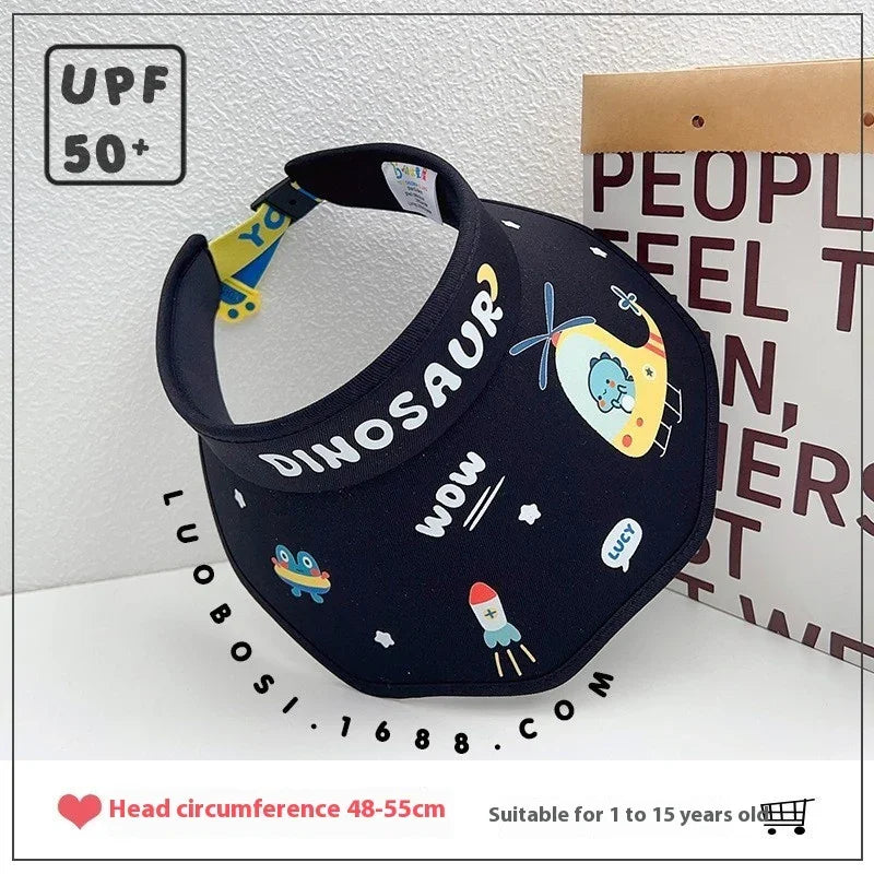 Black children's sun visor hat with dinosaur, helicopter, rocket prints and UPF 50+ protection