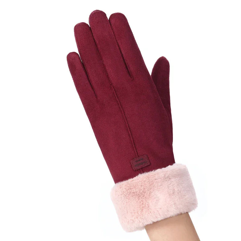 Women's red winter gloves with soft pink faux fur cuff on hand
