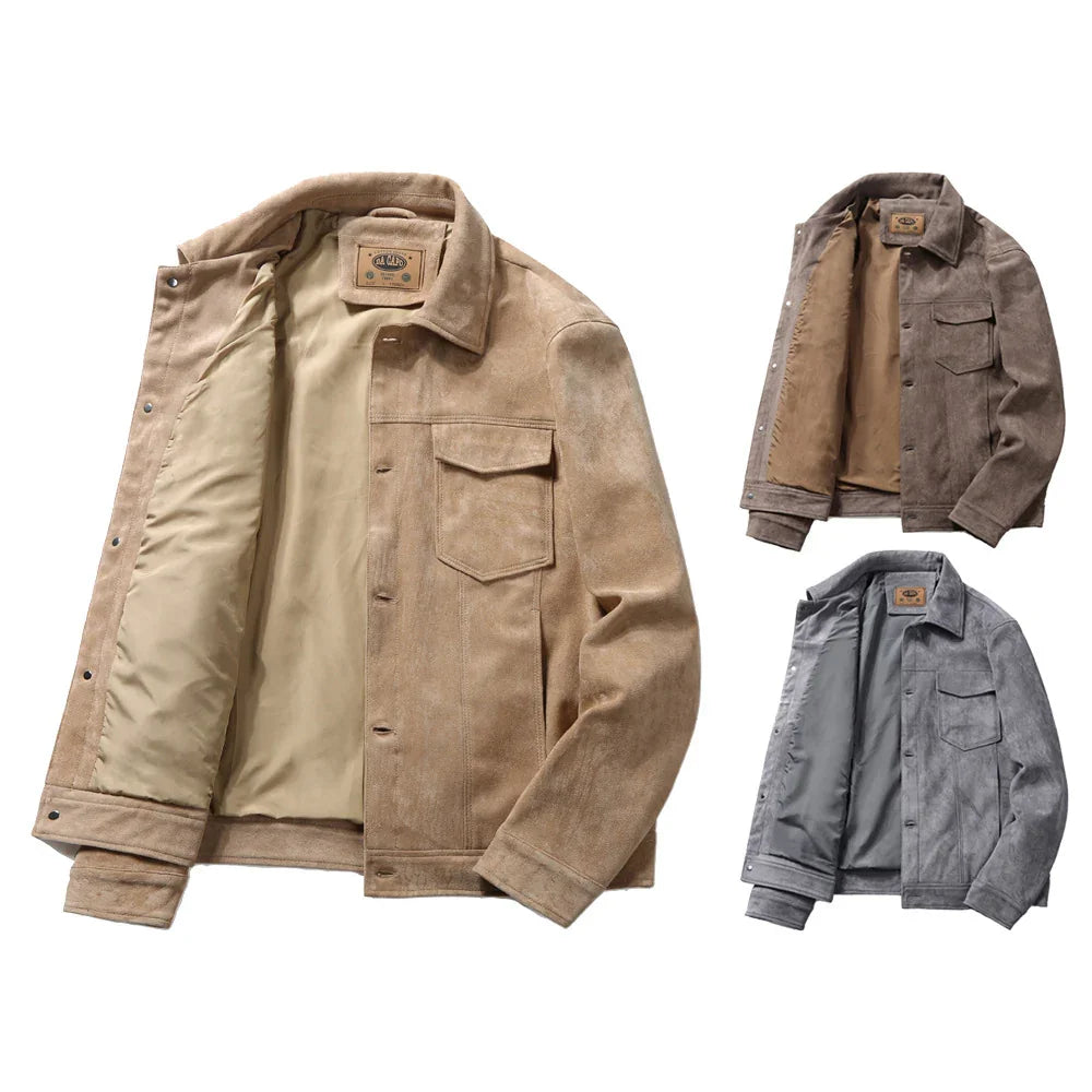 Three suede jackets in beige, brown, and gray with button closures and front pockets