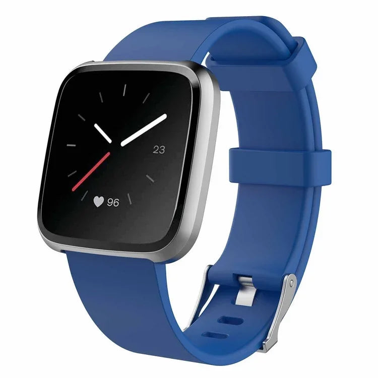 Square smart watch with blue silicone band and heart rate monitor on black digital display