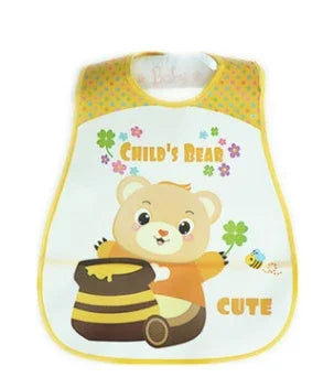 Cute baby bib with cartoon bear holding honey pot, yellow trim, flowers, and bee design