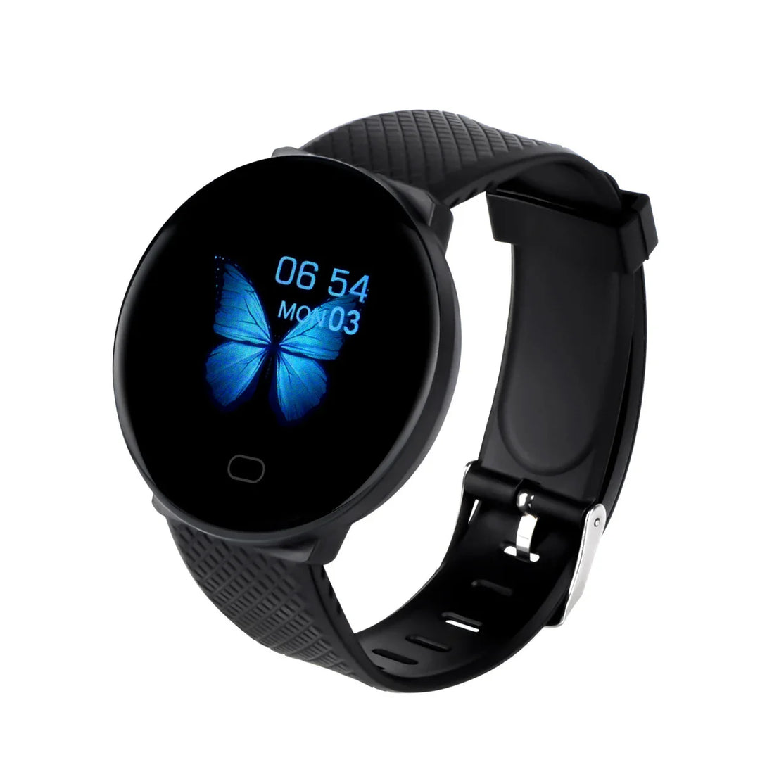 Black round smart watch with textured black band and blue butterfly digital display