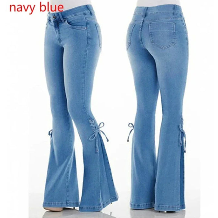 Navy blue denim flare jeans with side lace-up details shown from front and back views