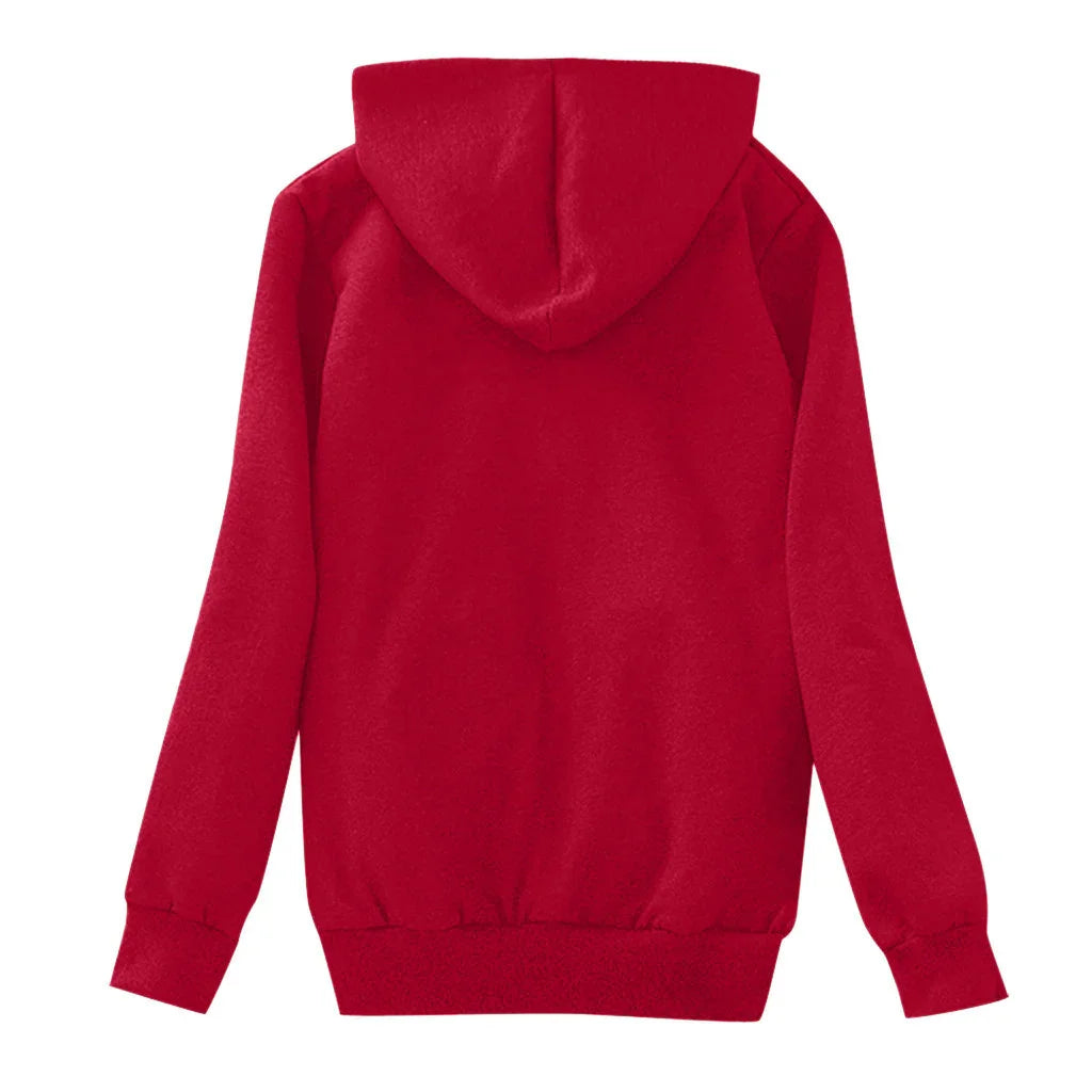 Back view of plain red hoodie with long sleeves and fitted cuffs on white background