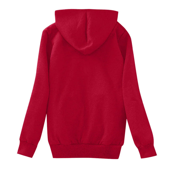Back view of plain red hoodie with long sleeves and fitted cuffs on white background