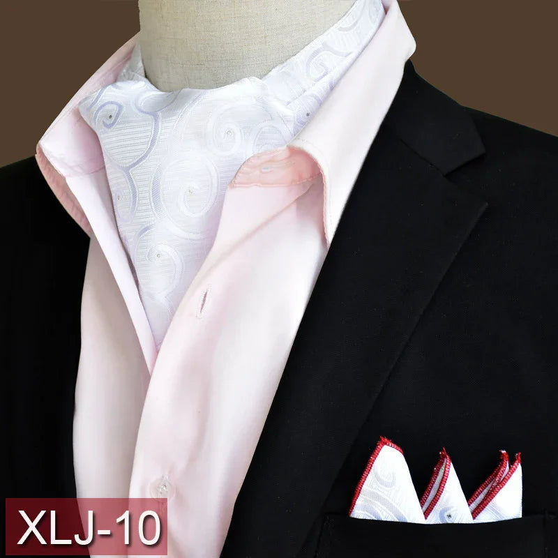 Black suit jacket with pink dress shirt, white patterned ascot, and matching pocket square XLJ-10