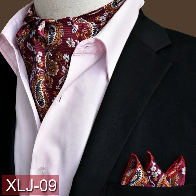 Black blazer with light pink dress shirt, maroon paisley ascot tie and matching pocket square XLJ-09