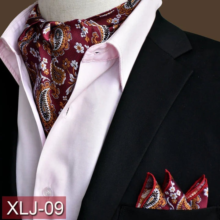 Black blazer with light pink dress shirt, maroon paisley ascot tie and matching pocket square XLJ-09