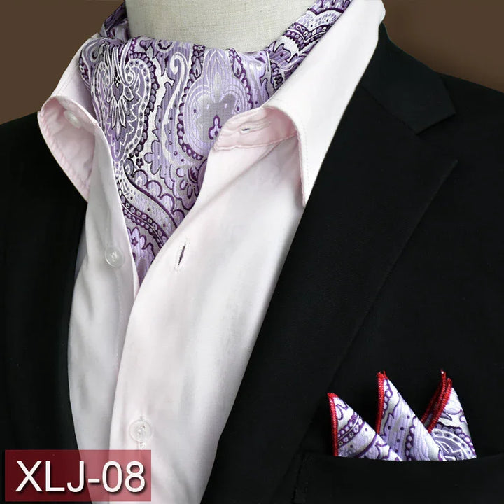 Black blazer with light pink shirt, purple paisley ascot tie and matching pocket square XLJ-08