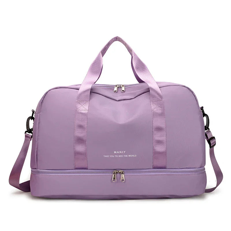 Light purple duffel bag with handles, shoulder strap, and double-zipper compartments