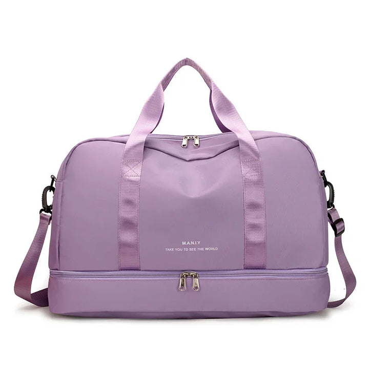 Light purple duffel bag with handles, shoulder strap, and double-zipper compartments
