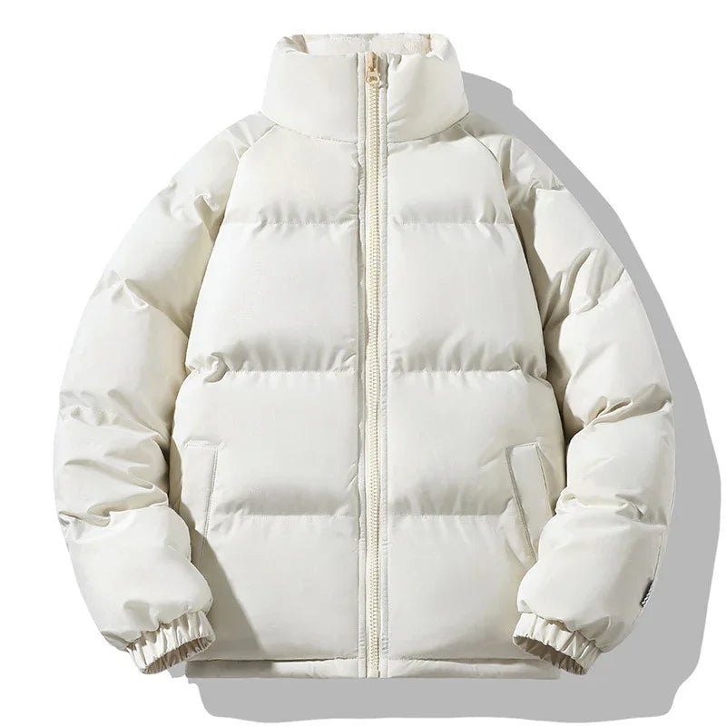 White puffer jacket with front zipper, stand-up collar, and elastic cuffs on white background