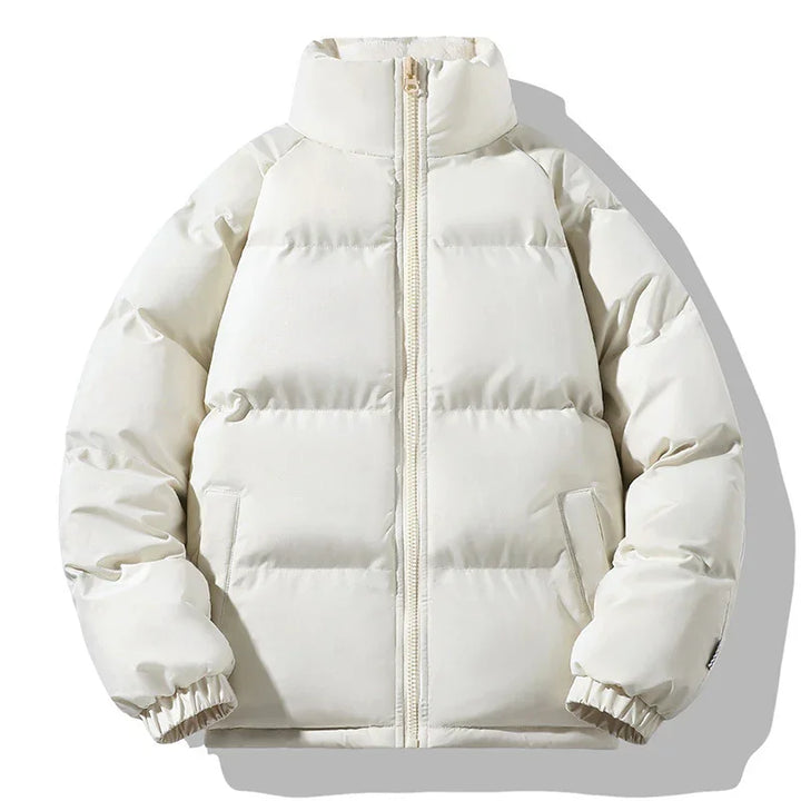 White puffer jacket with front zipper, stand-up collar, and elastic cuffs on white background