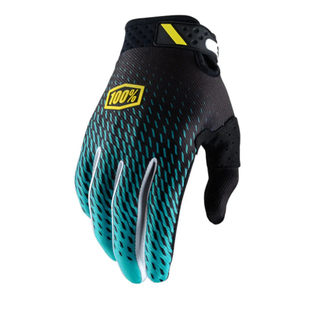 Black and blue 100% brand sports glove with yellow logo and ventilation details