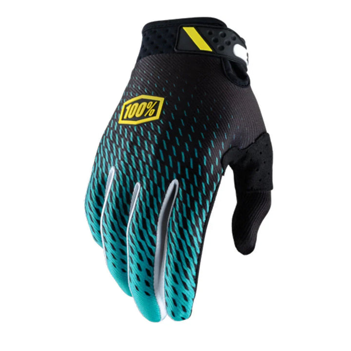 Black and blue 100% brand sports glove with yellow logo and ventilation details