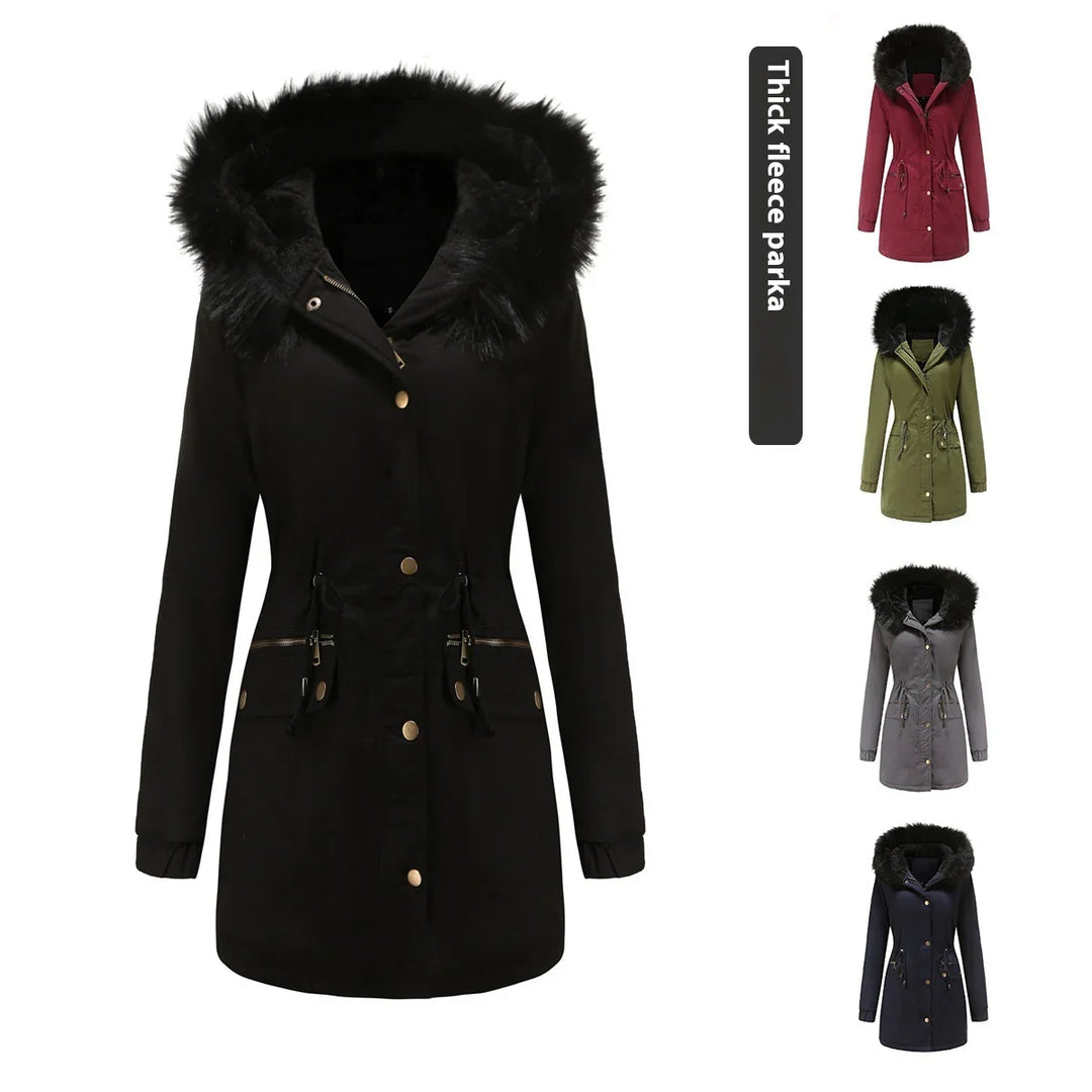 Thick fleece parka with faux fur hood in black, red, green, gray, and navy colors