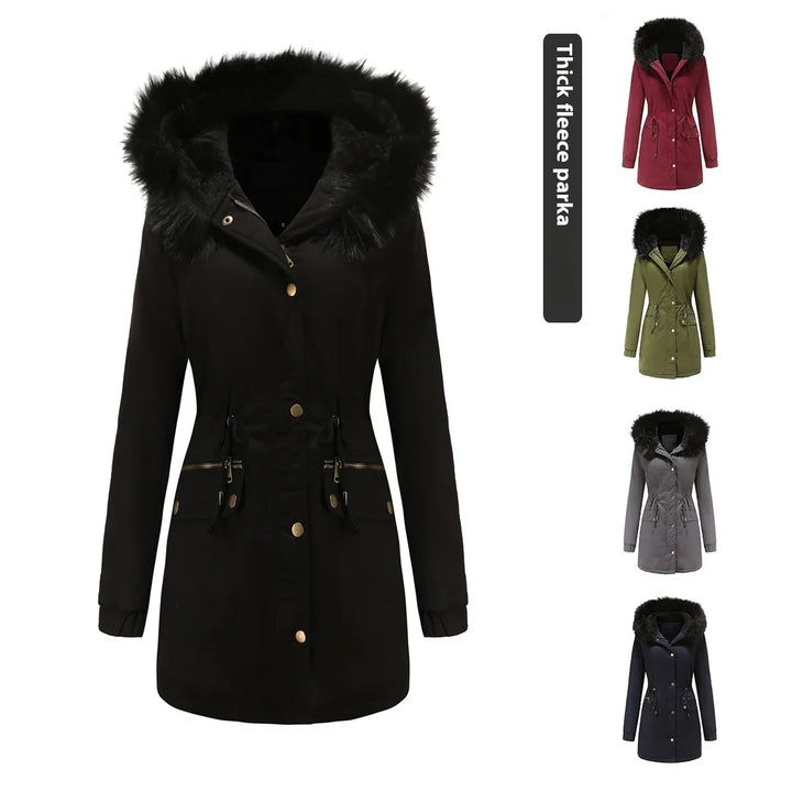 Thick fleece parka with faux fur hood in black, red, green, gray, and navy colors