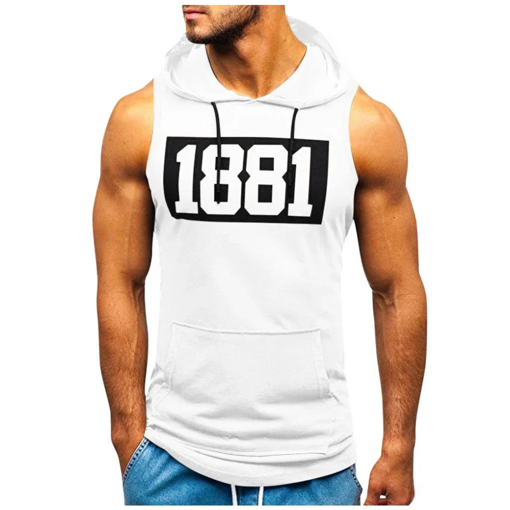Muscular man wearing white sleeveless hoodie with black 1881 print and front pocket