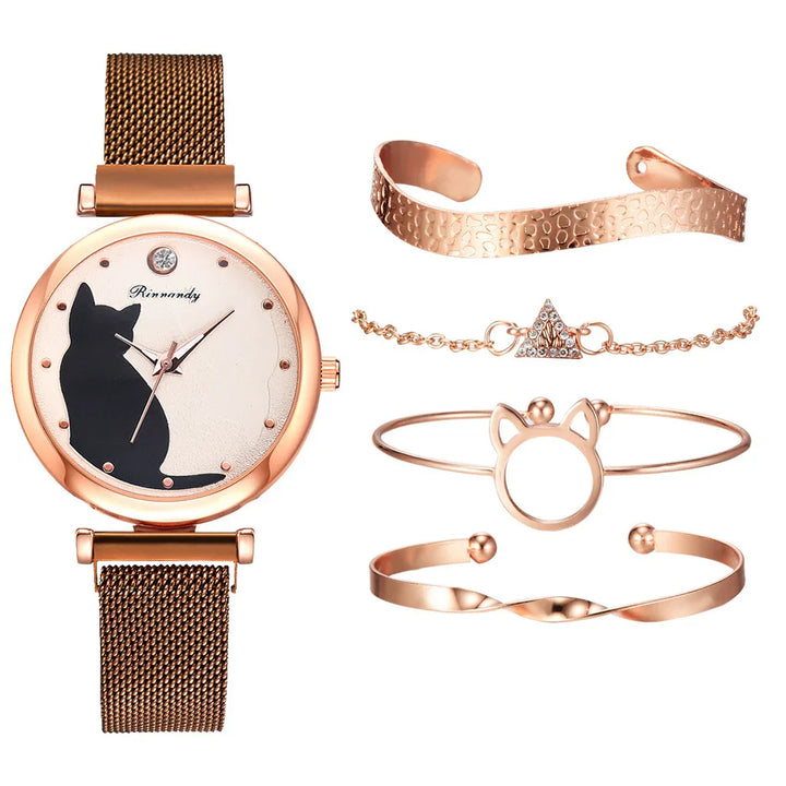 Rose gold cat-themed wristwatch with mesh strap and set of matching rose gold bracelets