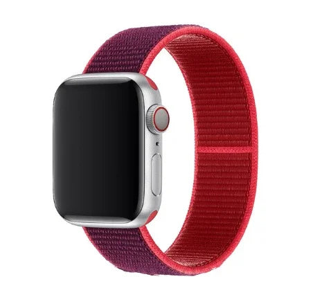 Silver smart watch with a black screen and a red and purple woven nylon band