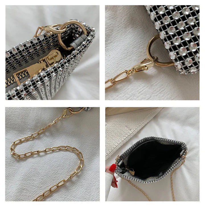 Close-up shots of a silver rhinestone evening bag with gold chain strap and zipper closure