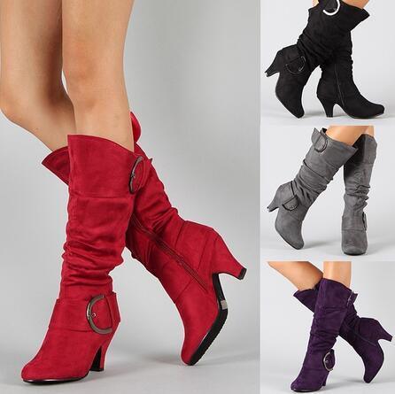 Women wearing mid-calf slouchy suede boots with buckle detail in red, black, gray, and purple