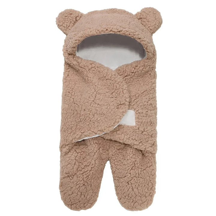 Beige fluffy baby swaddle blanket with hood and bear ears, soft and cozy infant wrap