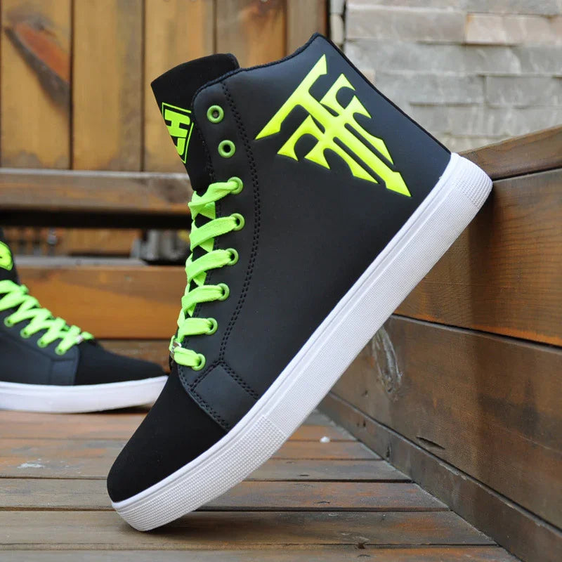Black high-top sneakers with neon green laces and logo, white sole, on wooden surface