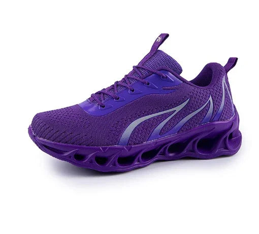 Purple athletic sneaker with breathable mesh upper and unique hollow sole design
