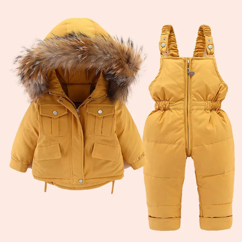 Mustard yellow toddler winter jacket with faux fur hood and matching insulated snow bib pants