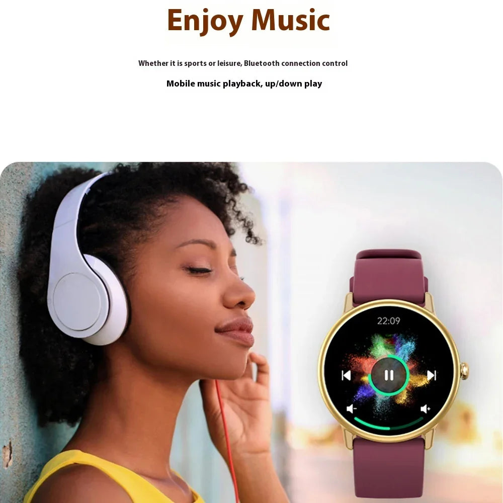 Woman wearing white headphones enjoying music with a smartwatch showing music playback controls