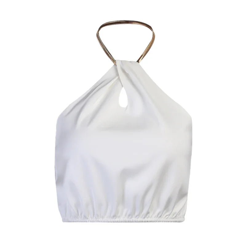 White halter crop top with keyhole neckline and gold strap detail