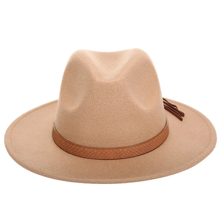 Beige felt wide brim fedora hat with brown textured leather band and leather tassel accent