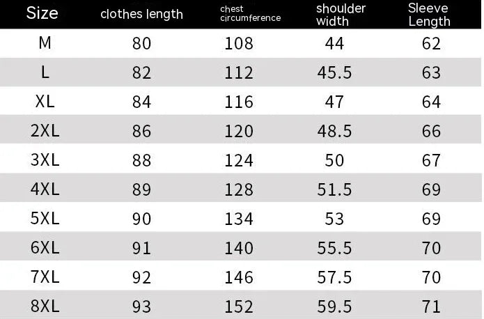 Clothing size chart showing measurements for M to 8XL including clothes length, chest circumference, shoulder width, and sleeve length