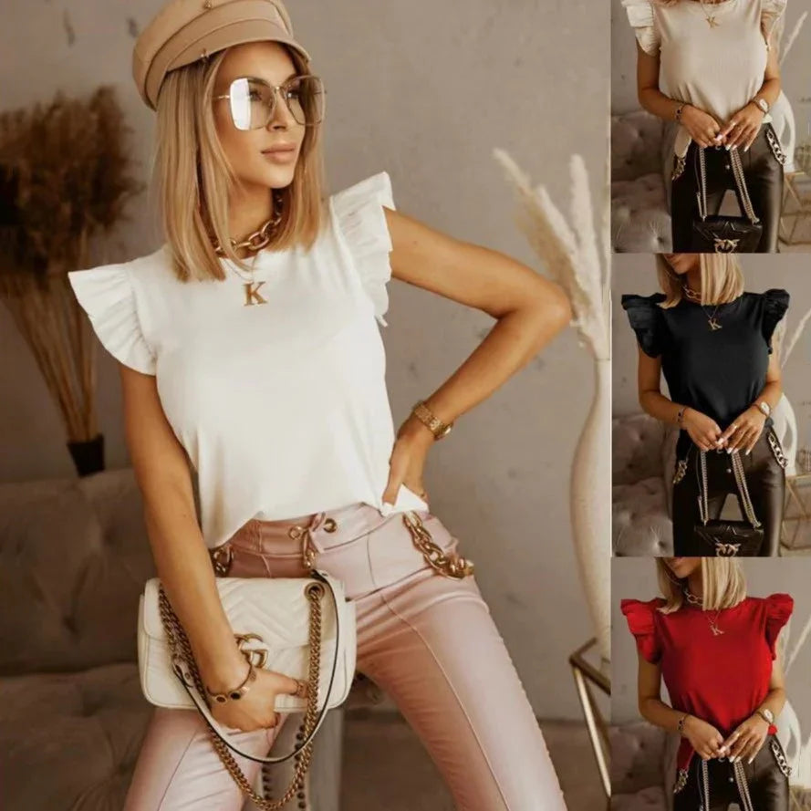 Woman in beige ruffle sleeve top, pink pants and cap holding beige chain handbag, fashion styles in black and red shown
