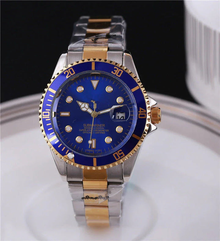 Luxury Submariner watch with blue dial, gold and silver stainless steel strap, and date display