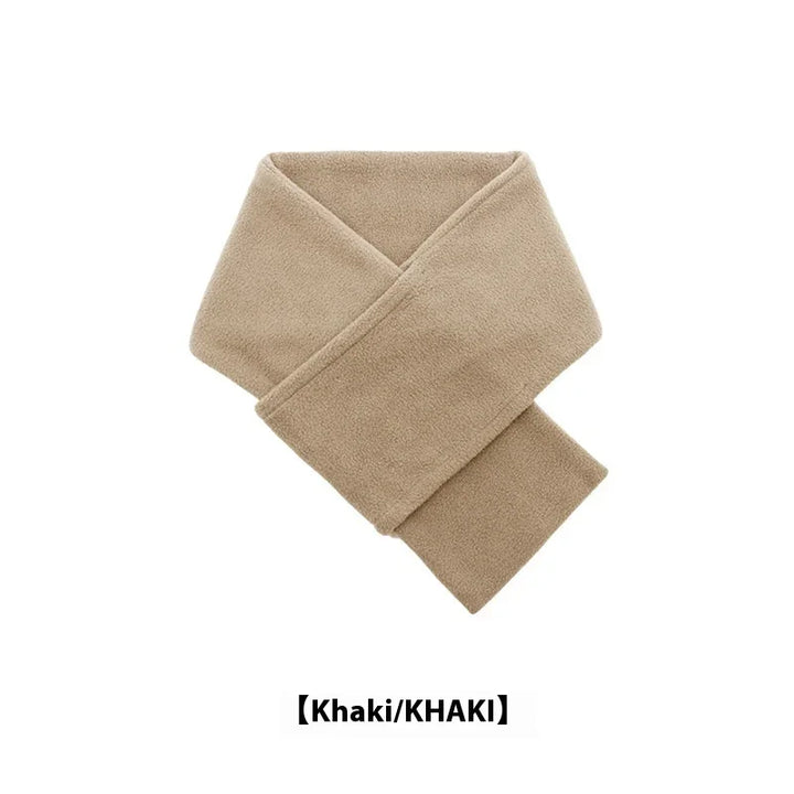 Soft khaki fleece scarf folded in a simple crossed design on white background