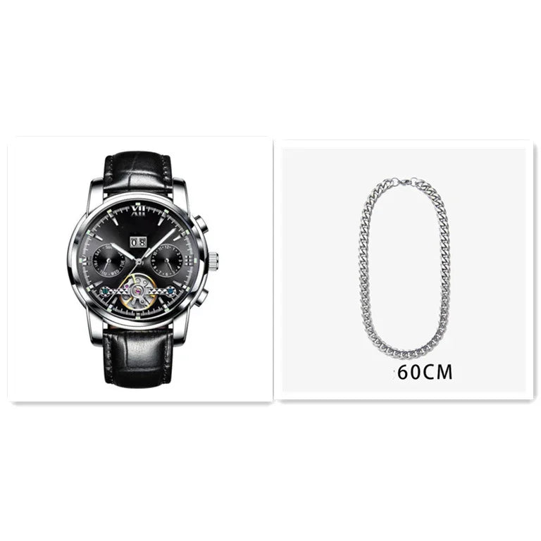 Luxury black leather strap wristwatch with black dial and silver chain necklace 60CM length