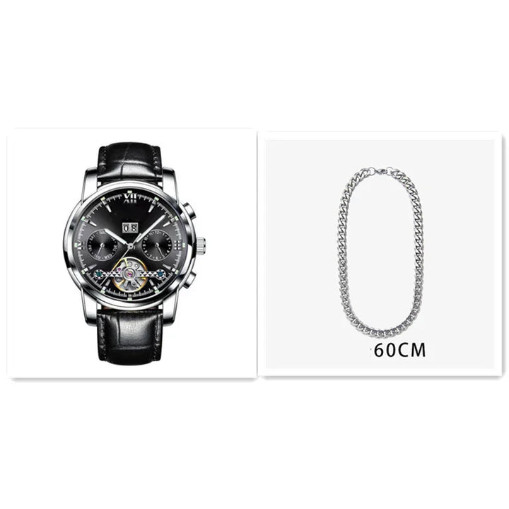 Luxury black leather strap wristwatch with black dial and silver chain necklace 60CM length