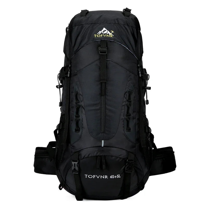Black TOFVNR 65+5L hiking backpack with multiple straps and zippered compartments