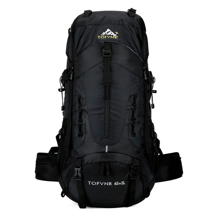 Black TOFVNR 65+5L hiking backpack with multiple straps and zippered compartments