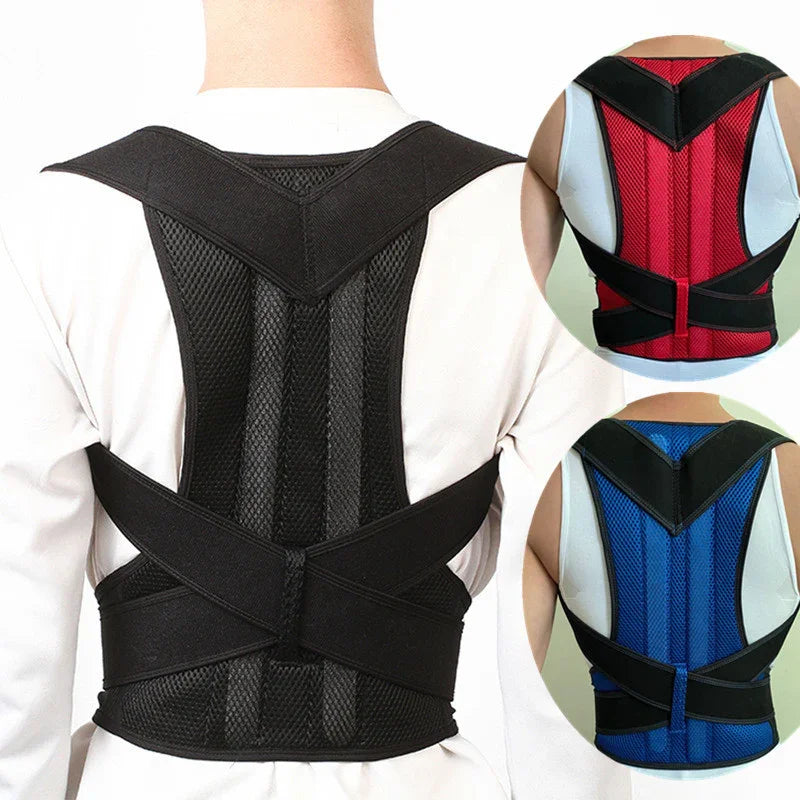 Back posture corrector braces in black, red, and blue mesh fabric designed for support and alignment